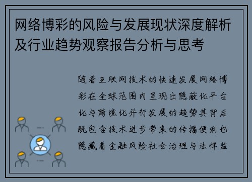 网络博彩的风险与发展现状深度解析及行业趋势观察报告分析与思考