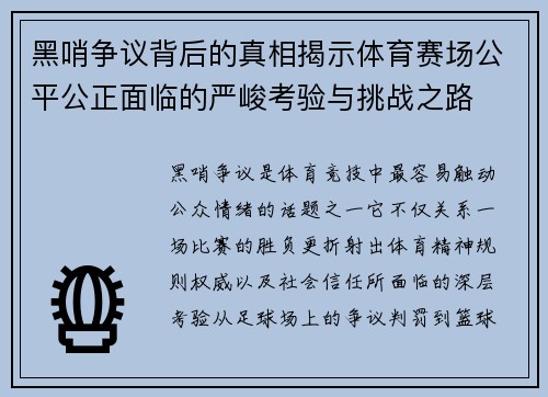 黑哨争议背后的真相揭示体育赛场公平公正面临的严峻考验与挑战之路